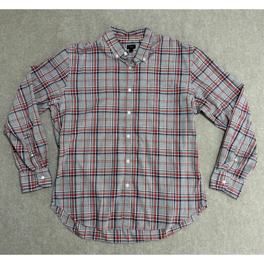 J Crew‎ Shirt Mens Extra Large Gray Red Blue Plaid Button Down Flannel Casual